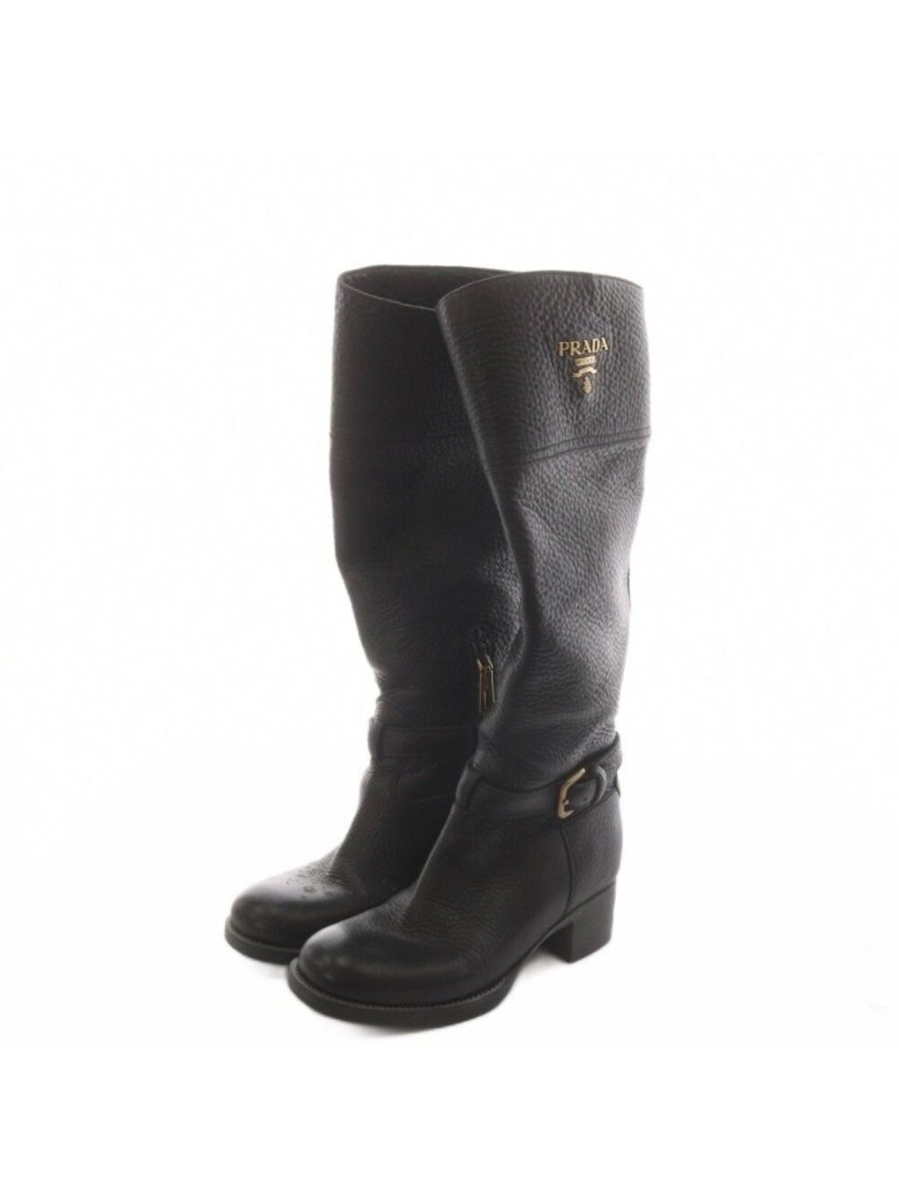 Prada Long Boots Chunky Heels Logo Leather Black - Picture 2 of 7